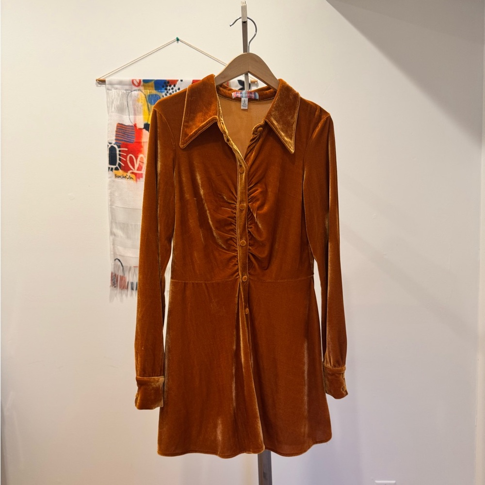 Anthropologie Velvet Button-Up Dress in Burnt Orange